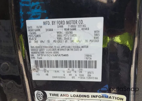 2010 Ford F-150 Fx2 Sport/Harley-Davidson/King Ranch/Lariat/Platinum/Xl/Xlt z USA, uszkodzony, nr VIN 1FTFW1CVXAFA75485